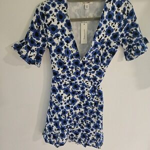 Francesca's Mini Dress XXS Blue White Floral Ruffle Cottage Peasant Mi Ami Label